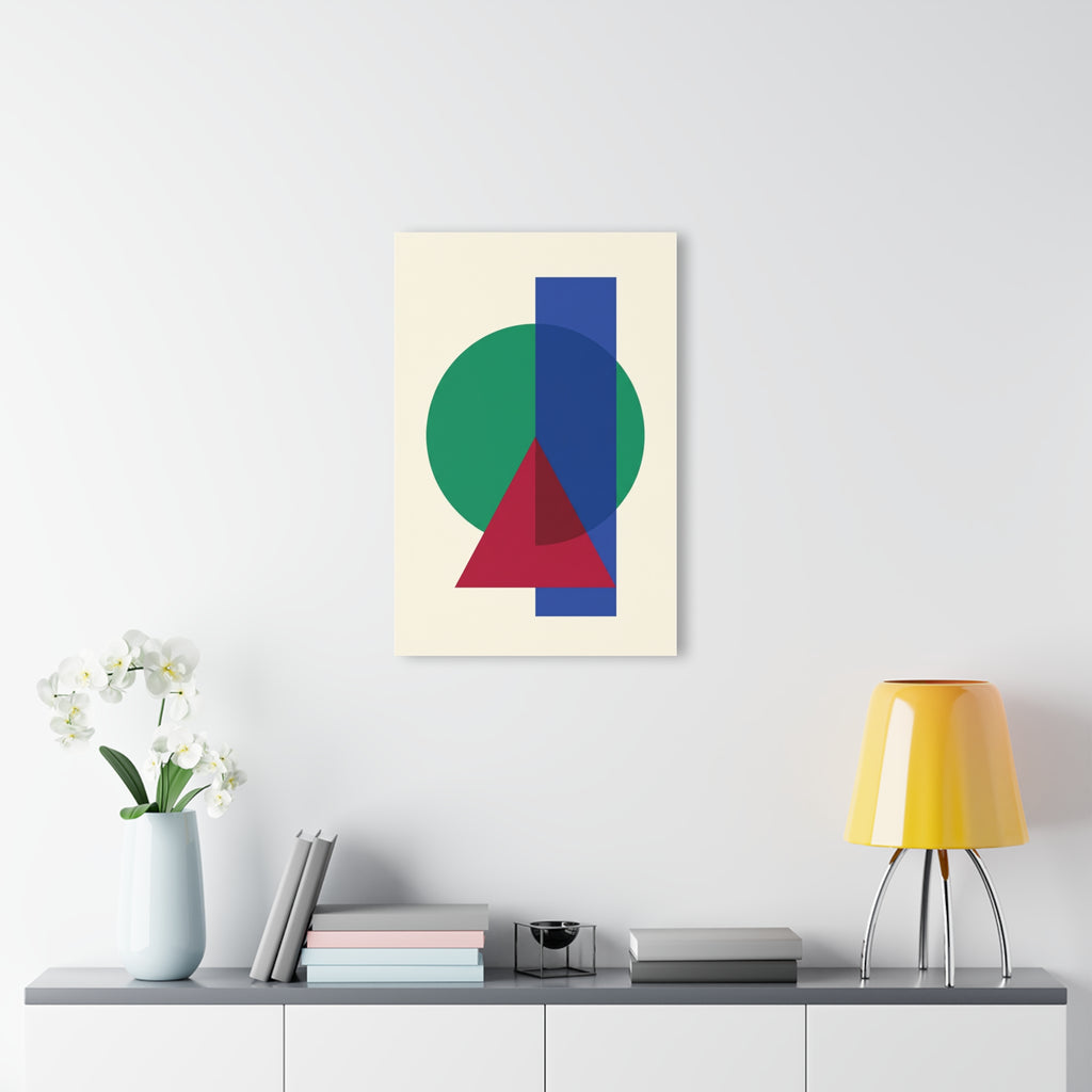 Geometric wall art print with green circle, blue bars, and red triangle