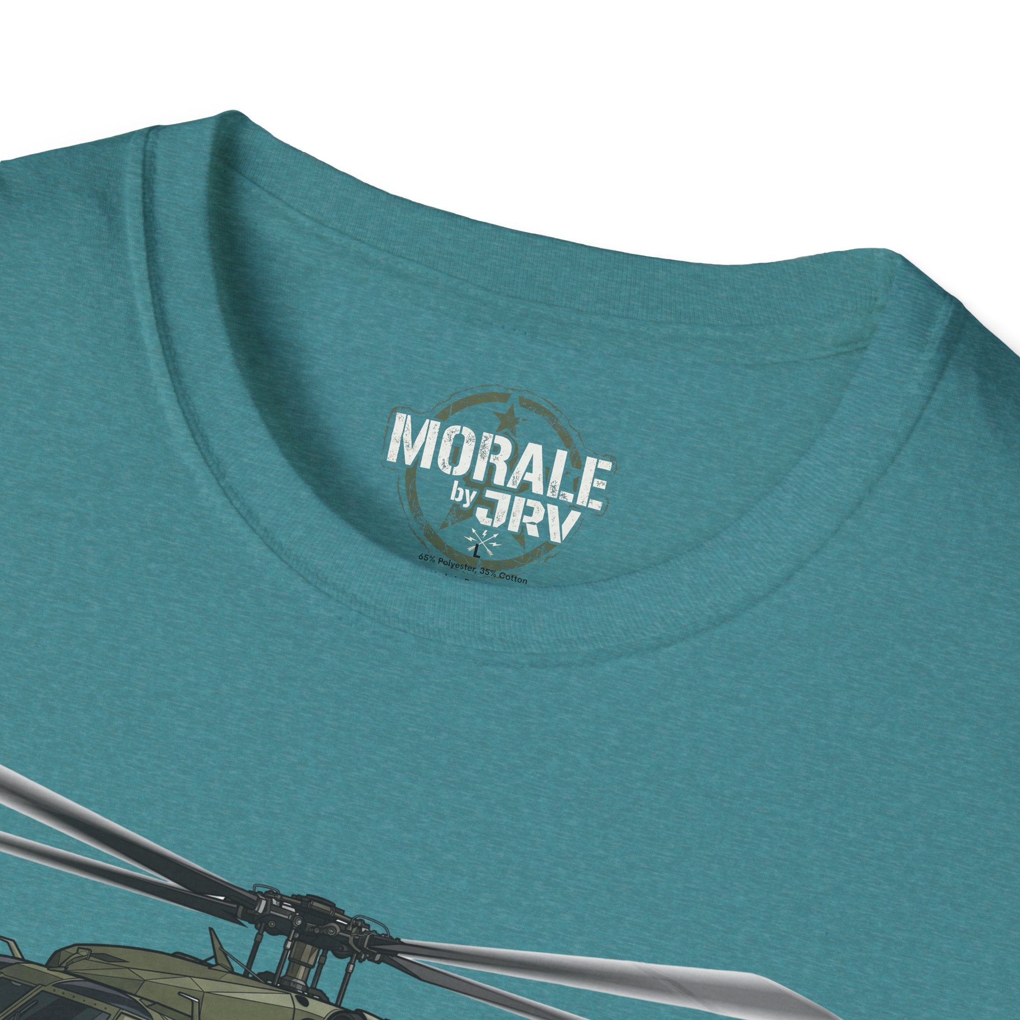 Teal T-shirt neckline with "MORALE by TRR" logo and helicopter graphic
