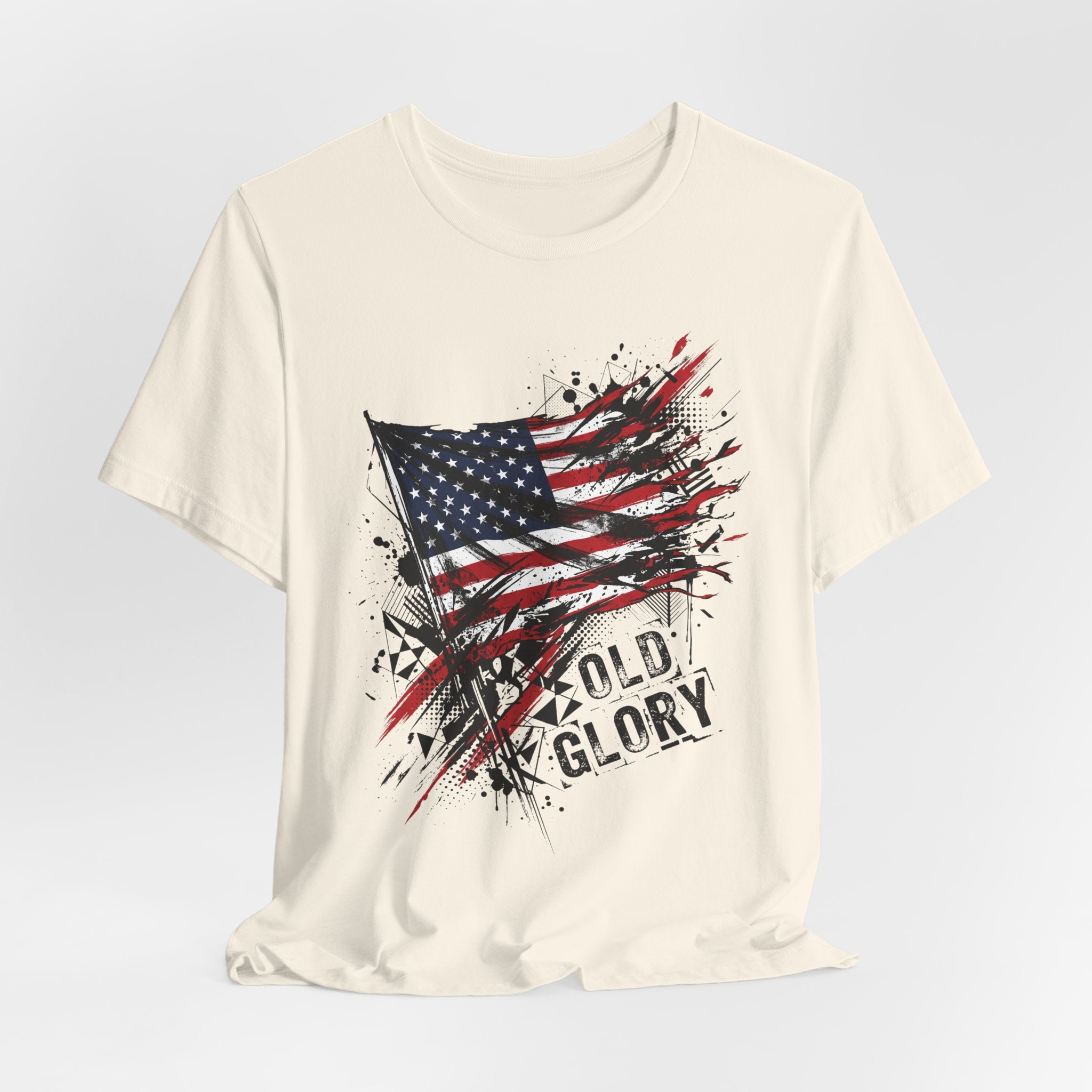 Distressed American flag t-shirt, cream, crew neck, front graphic