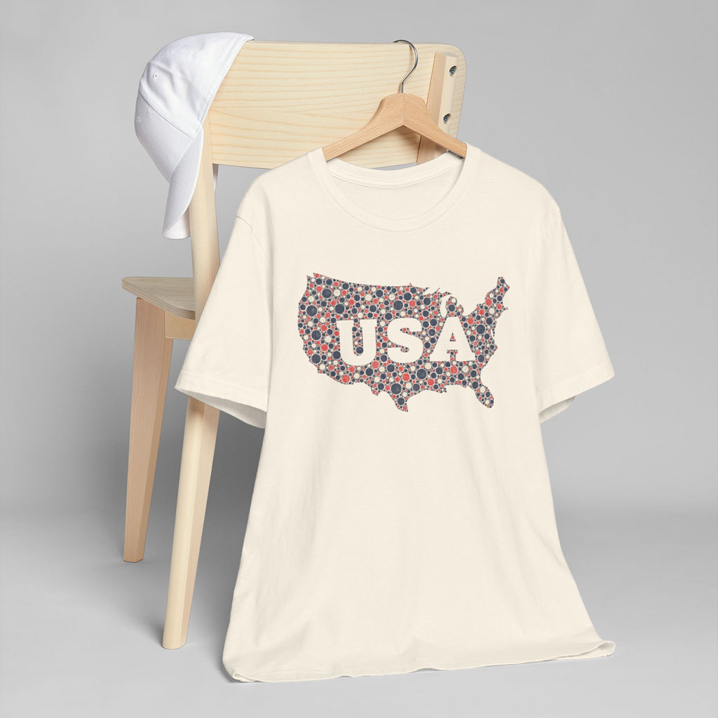 Cream T-shirt with colorful USA outline graphic and USA lettering