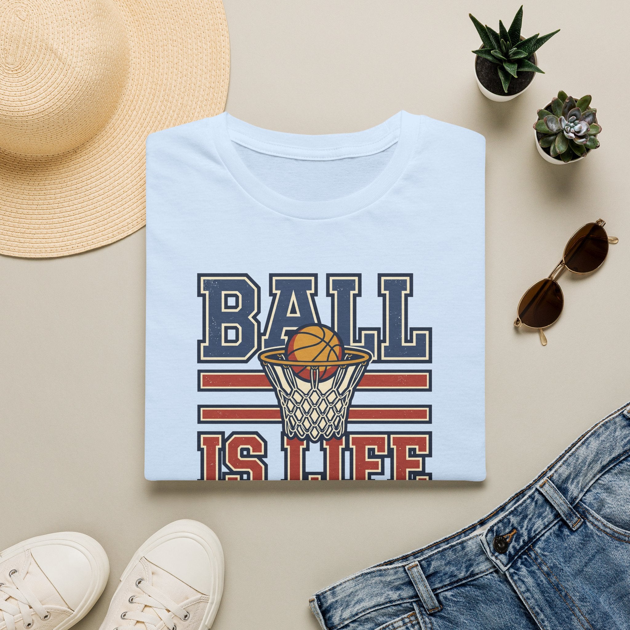 Light blue basketball T-shirt with retro hoop 'Ball Is Life' graphic
