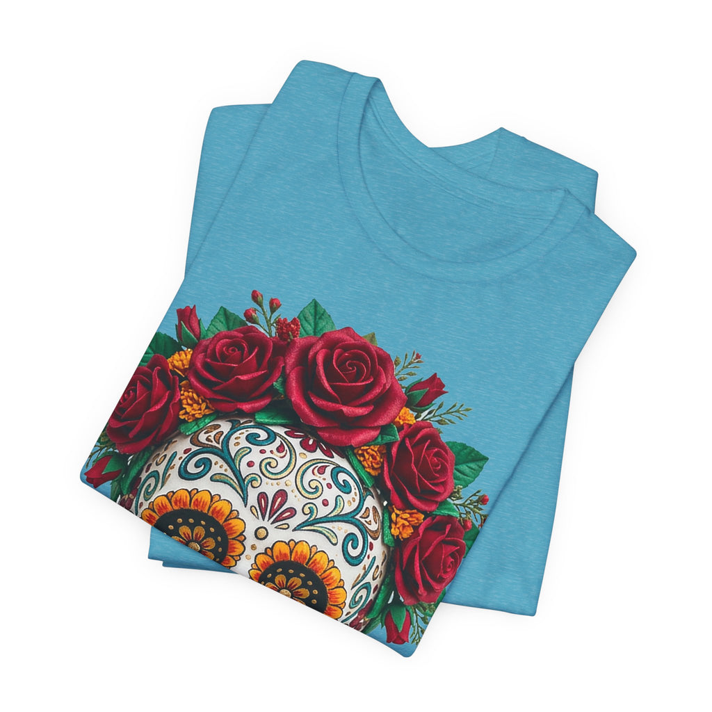 Sugar skull with red rose crown print on turquoise T-shirt