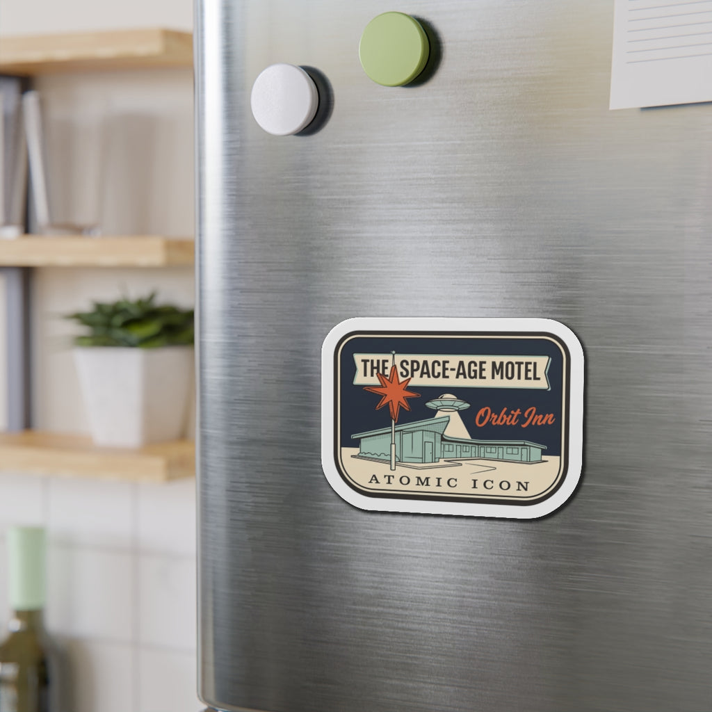 Retro die-cut magnet with Space-Age Motel Orbit Inn atomic icon logo, white outline
