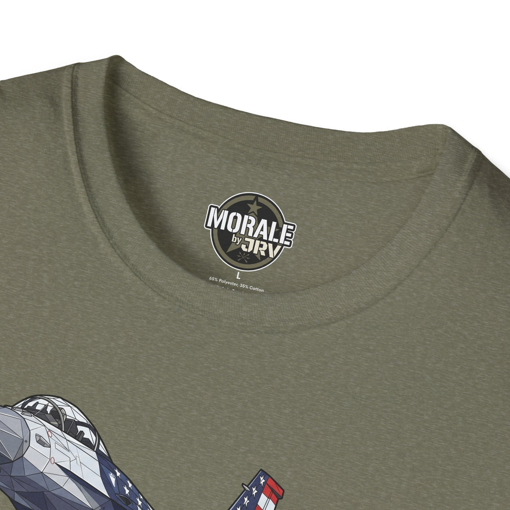 F-16 T-Shirt collar close-up on olive heather, Morale by label and part of jet graphic
