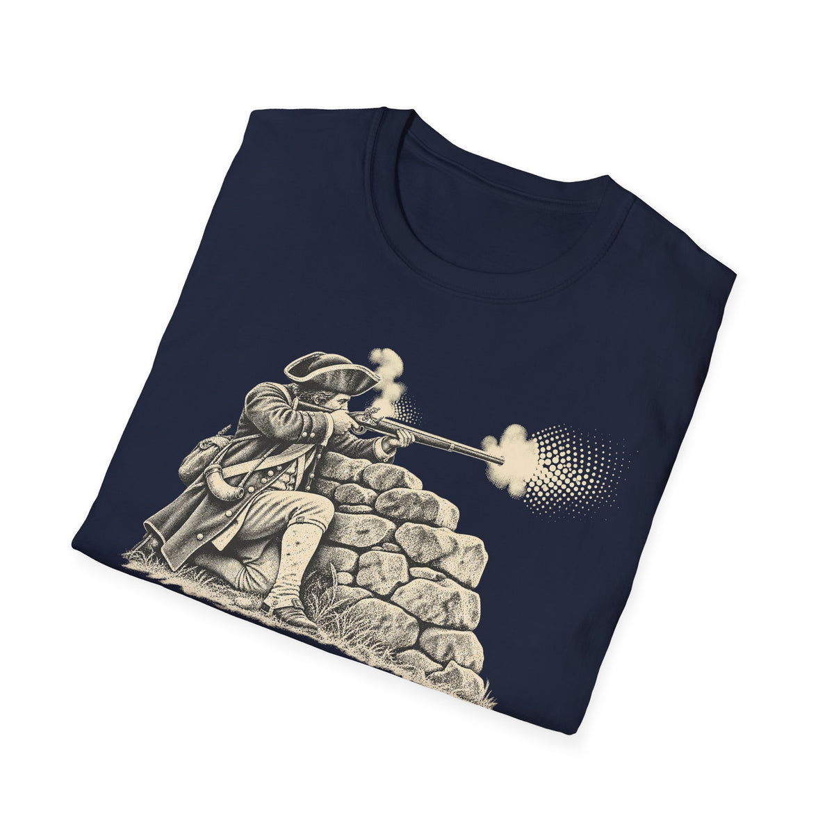 Navy T-shirt laid flat with front musket graphic and dotted smoke effect