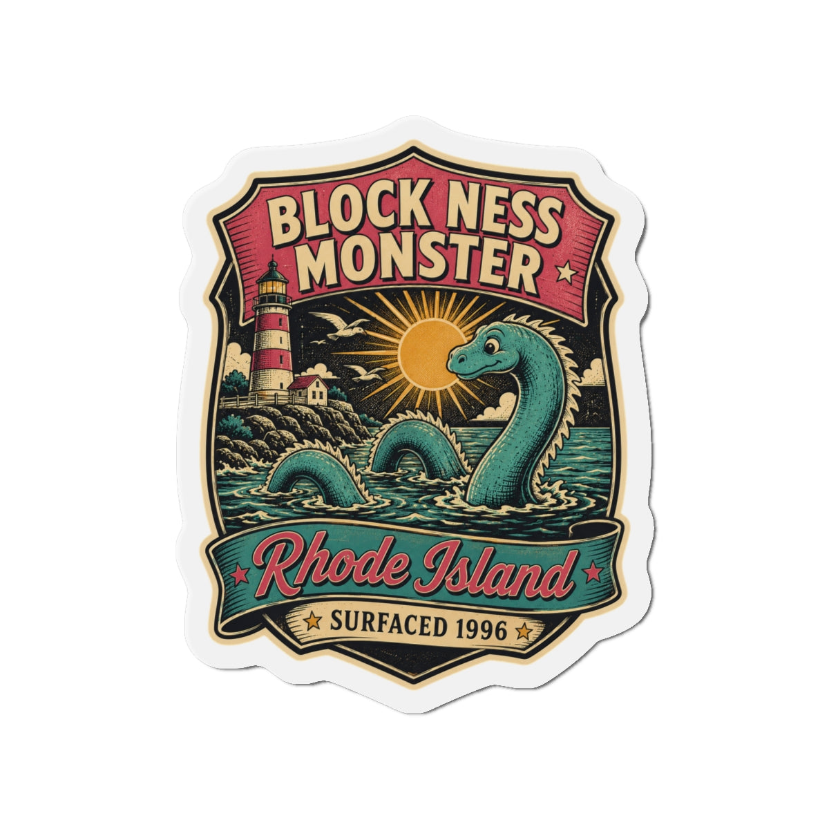Die-cut magnet sticker with teal monster head, waves, lighthouse, and Rhode Island text