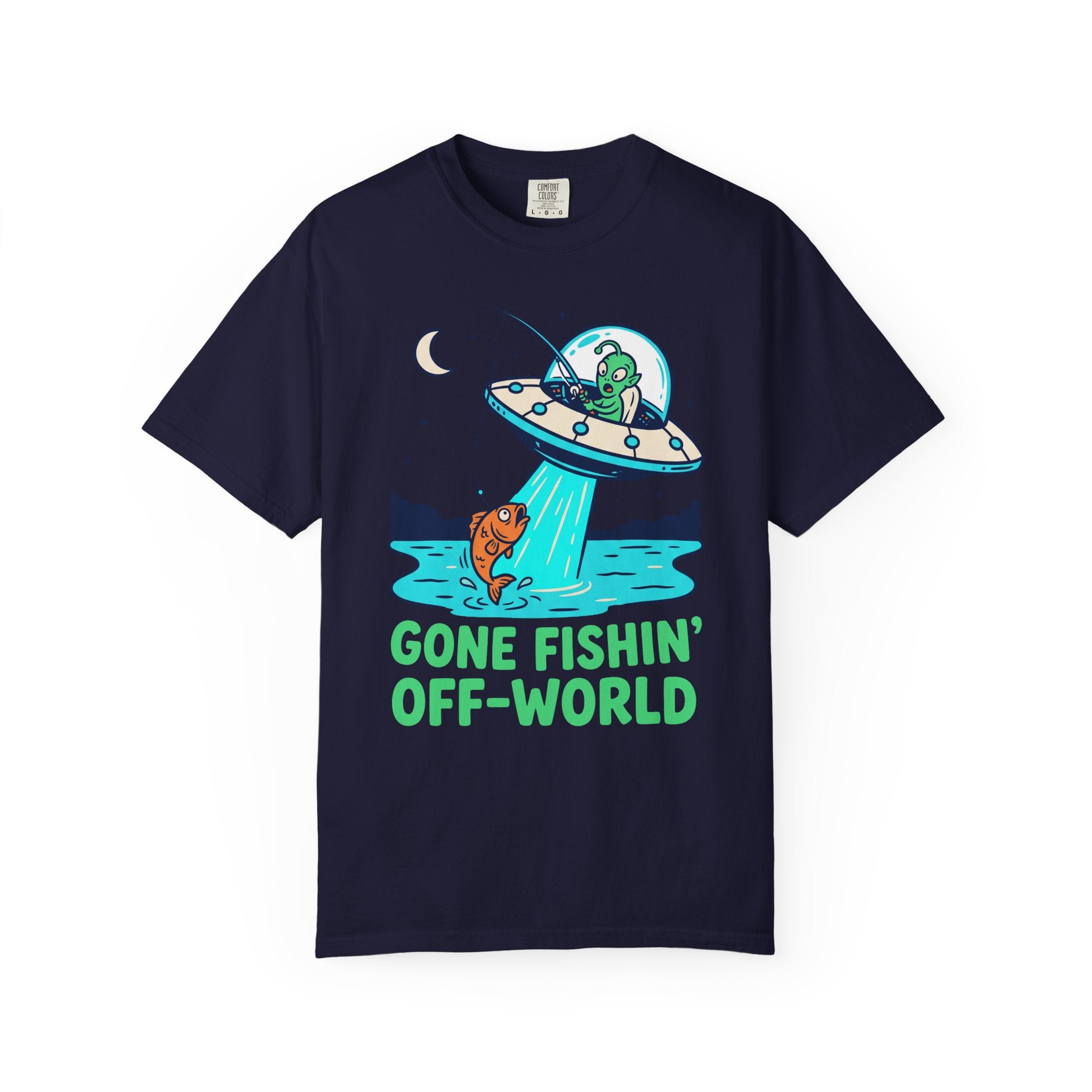 True navy alien fishing T-shirt with UFO and "Gone Fishin' Off-World" text