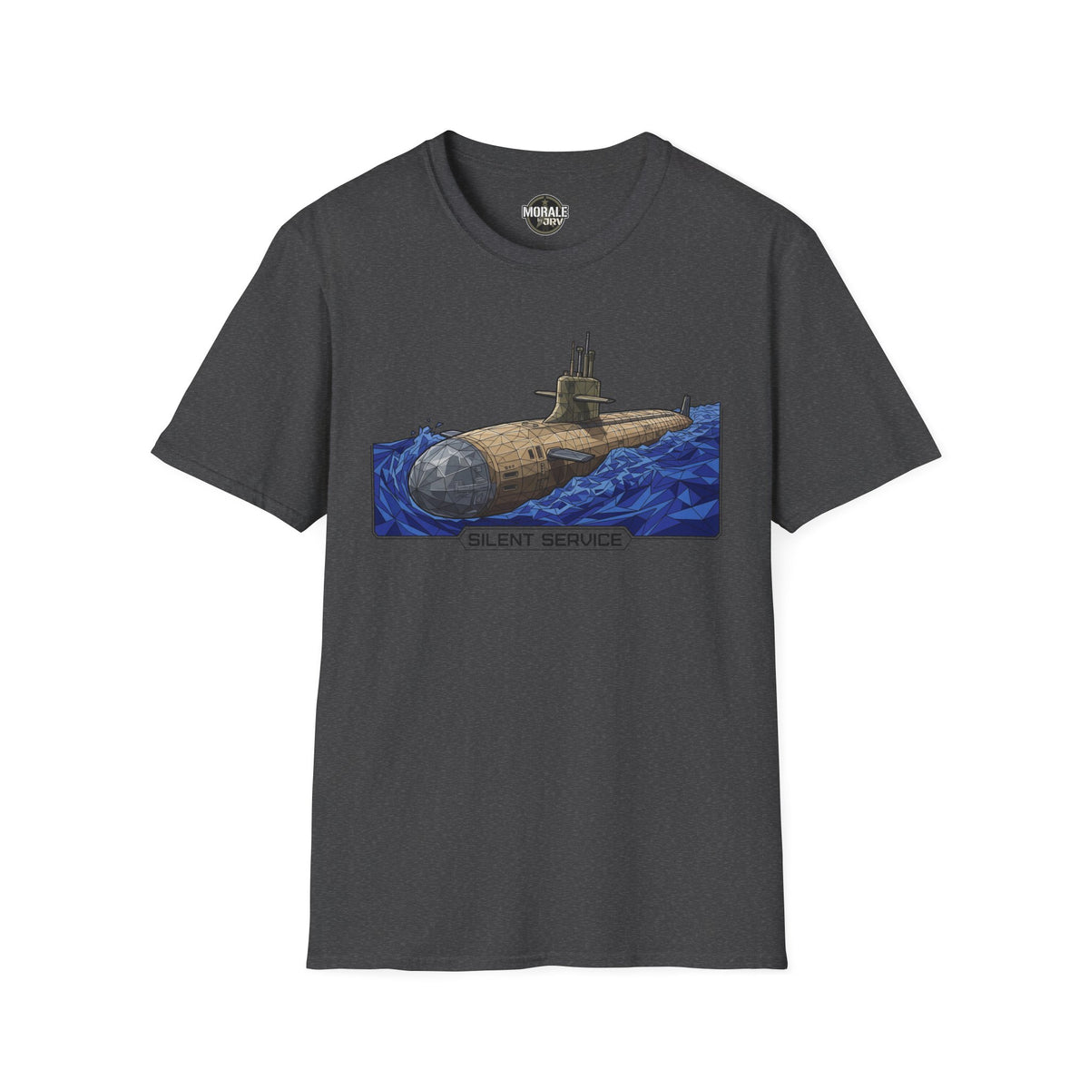 Charcoal crew-neck T-shirt featuring a submarine illustration graphic