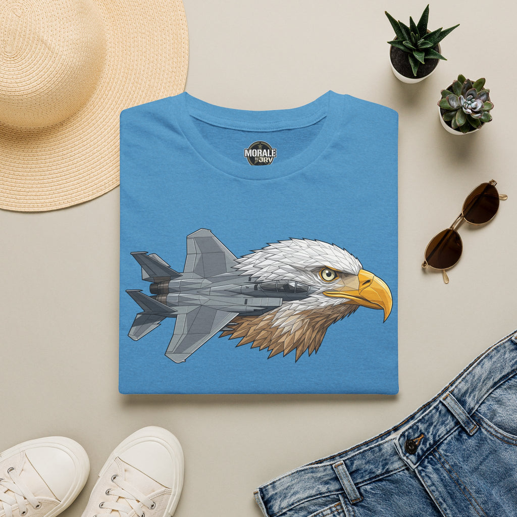 Eagle head and fighter jet graphic t-shirt, blue crew neck