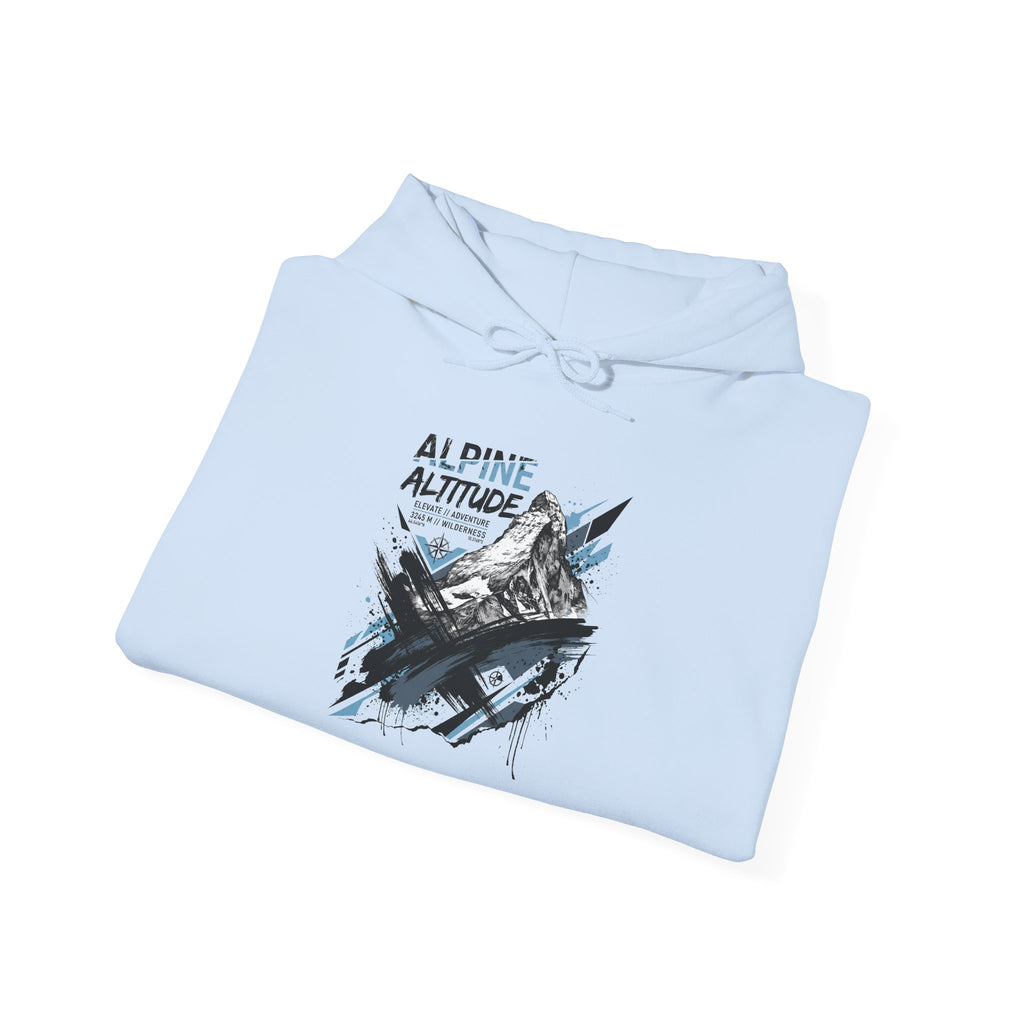 Light blue hoodie with alpine altitude mountain graphic and drawstring hood