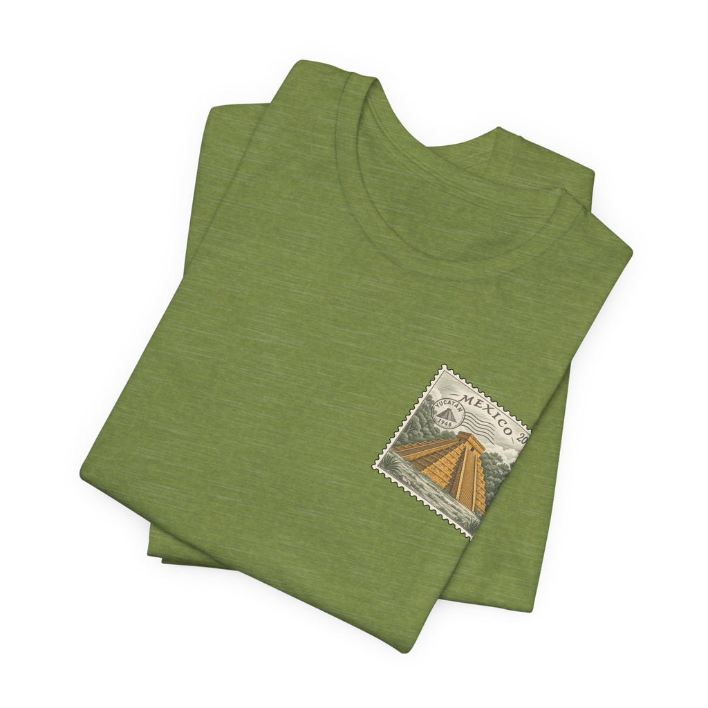 Travel t-shirt, olive green, folded set with Mexico stamp-style pyramid graphic