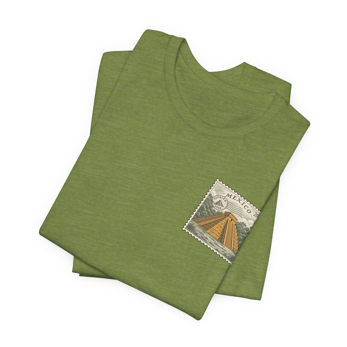 Travel t-shirt, olive green, folded set with Mexico stamp-style pyramid graphic