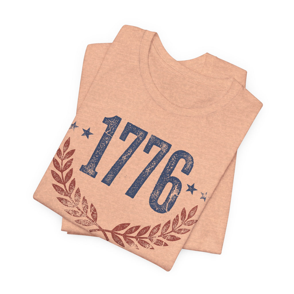 Peach heather T-shirt with large 1776 graphic and laurel wreath print on front