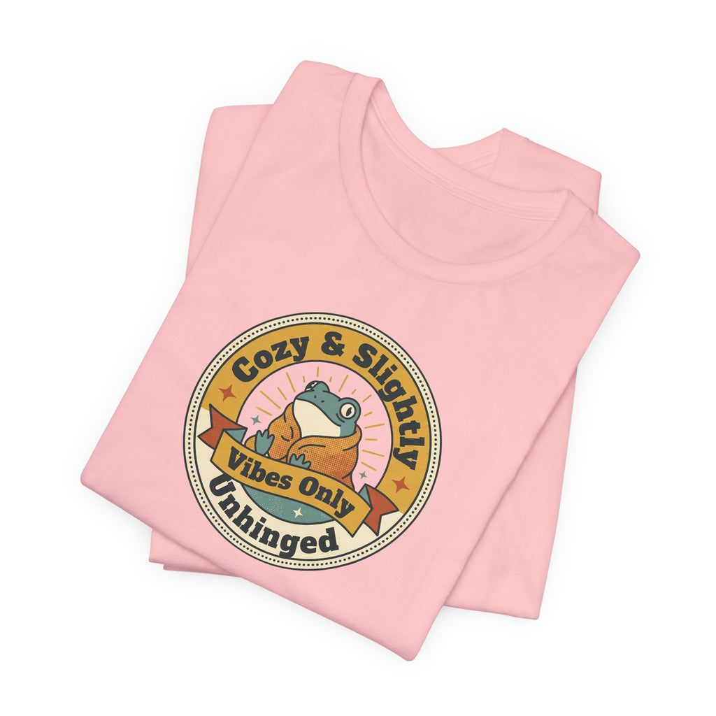 Pink crewneck T-shirt with circular sloth graphic, relaxed fit