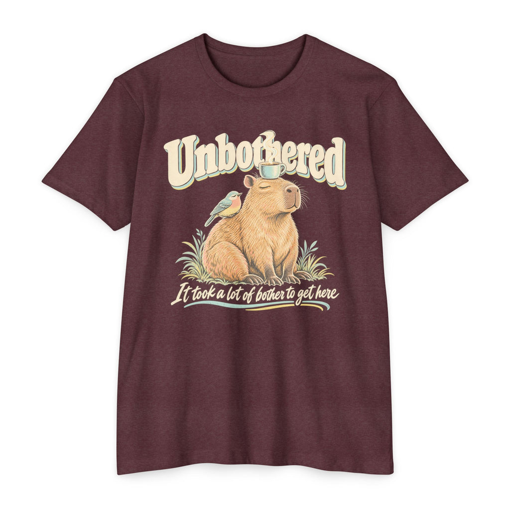 Capybara coffee T-shirt in maroon, front capybara holding coffee cup graphic