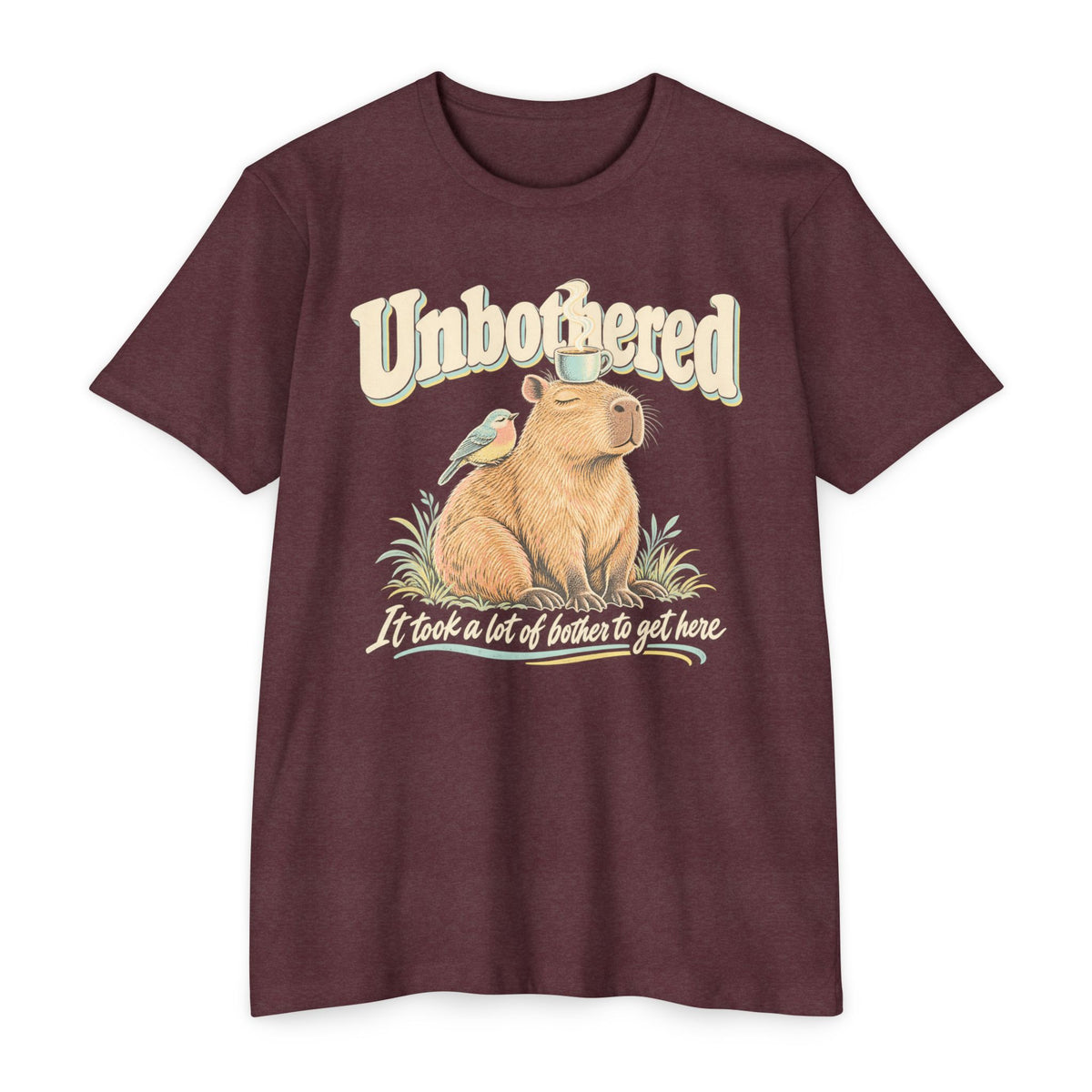 Capybara coffee T-shirt in maroon, front capybara holding coffee cup graphic