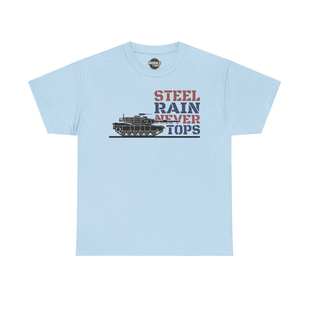 Light blue crew-neck T-shirt with tank and “Steel Rain Never Tops” graphic on front