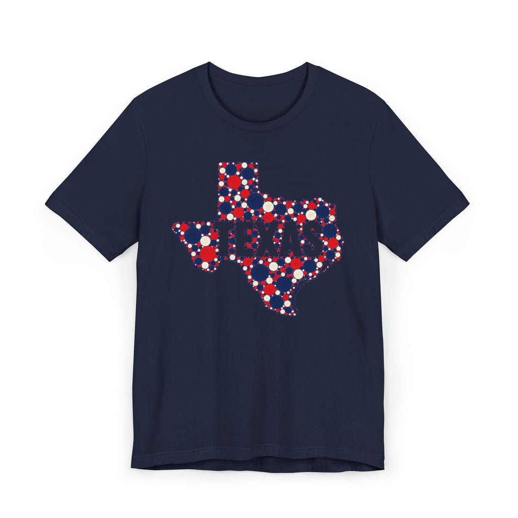 Navy Texas map graphic T-shirt with polka dot outline and “TEXAS” text
