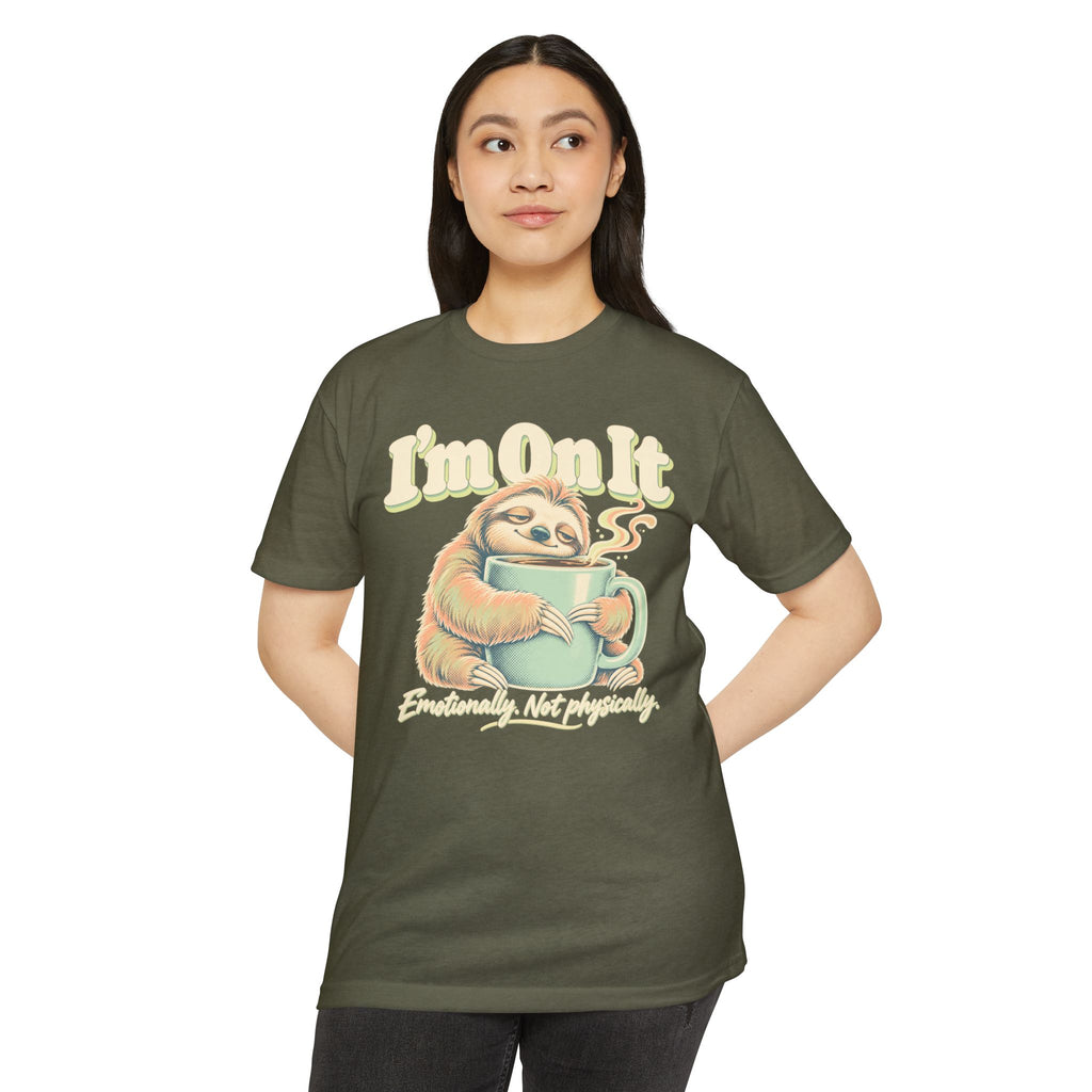 Coffee sloth graphic T-shirt, olive green, front view with sloth coffee print, crew neck