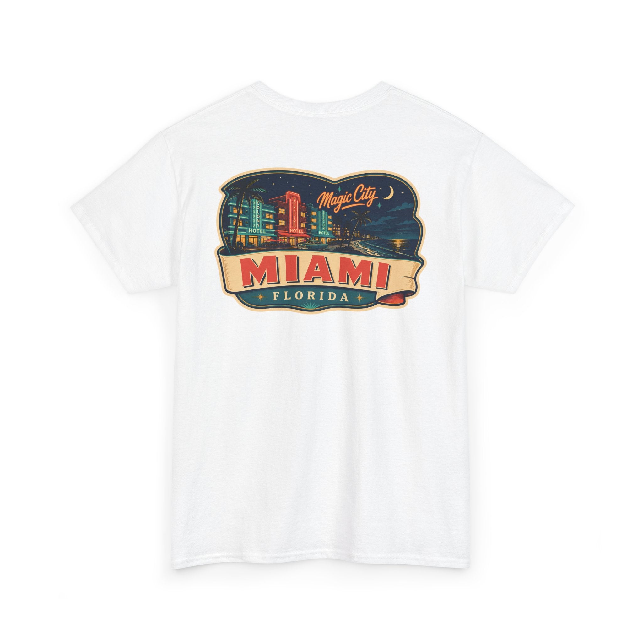 White T-shirt with Miami luggage tag graphic on the chest