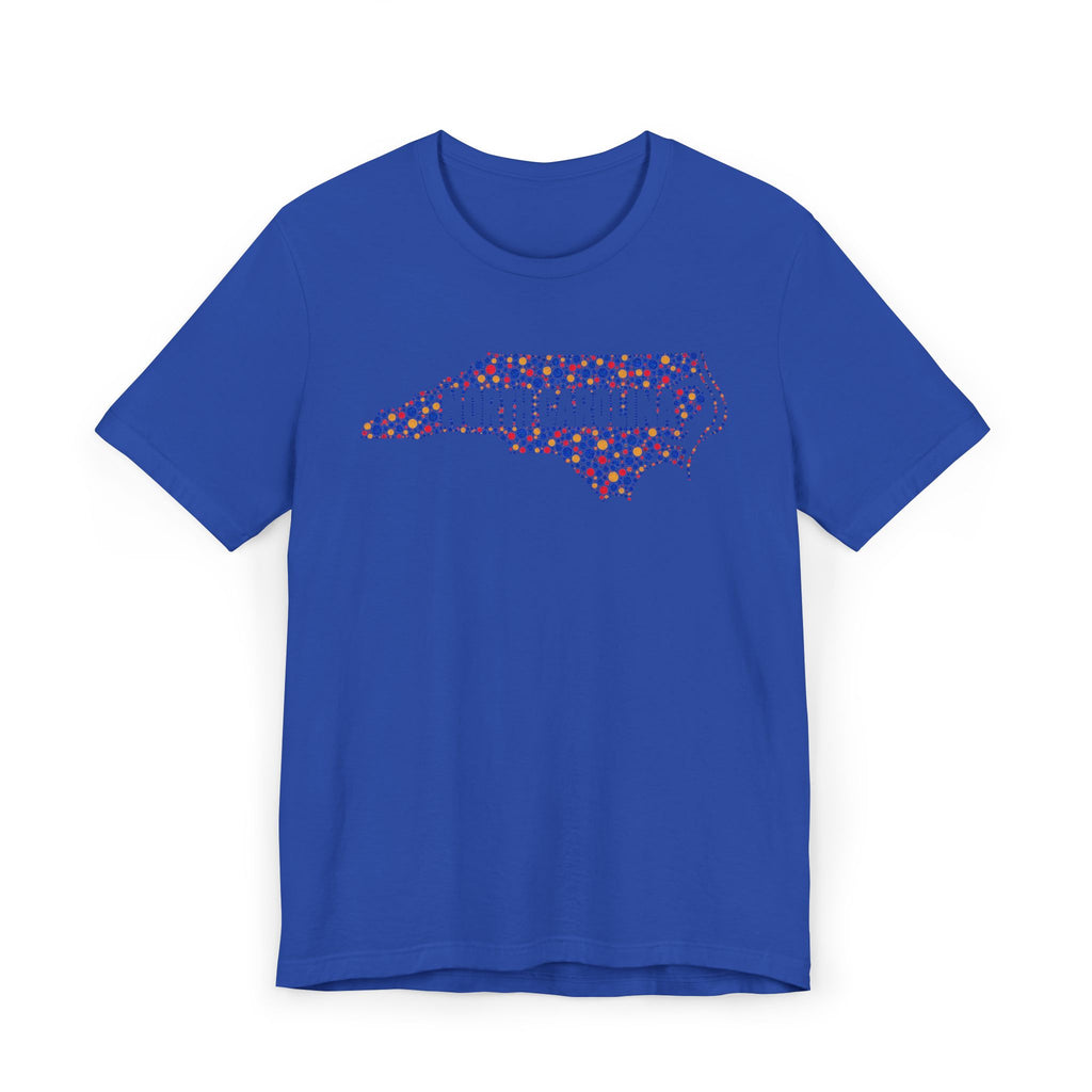 Blue crew-neck T-shirt with colorful North Carolina floral map outline graphic
