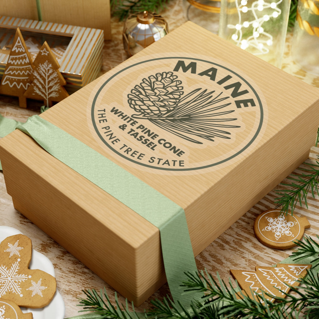 Maine round white pine cone & tassel sticker with 'The Pine Tree State' text