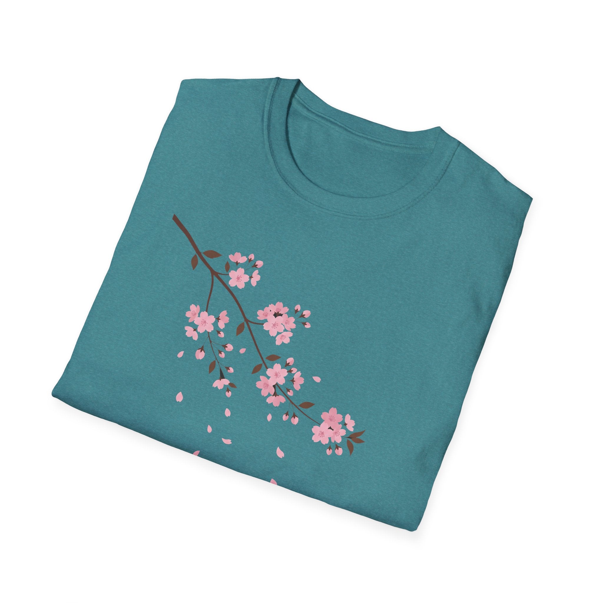 Cherry Blossom Branch T-Shirt (Heather Military Green) mit rosafarbenem Blüten-Print