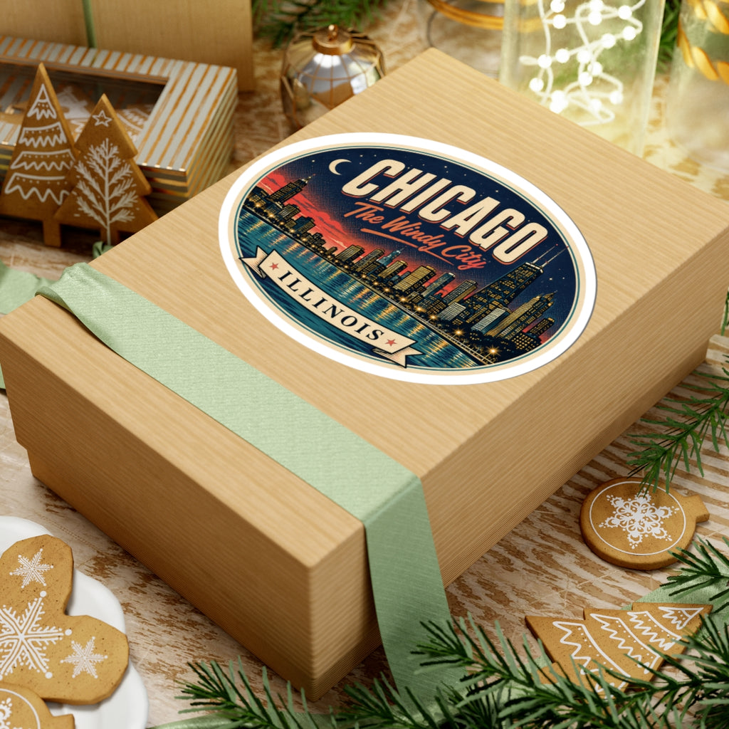 Round Chicago Illinois luggage tag sticker on gift box lid, Windy City skyline and Illinois
