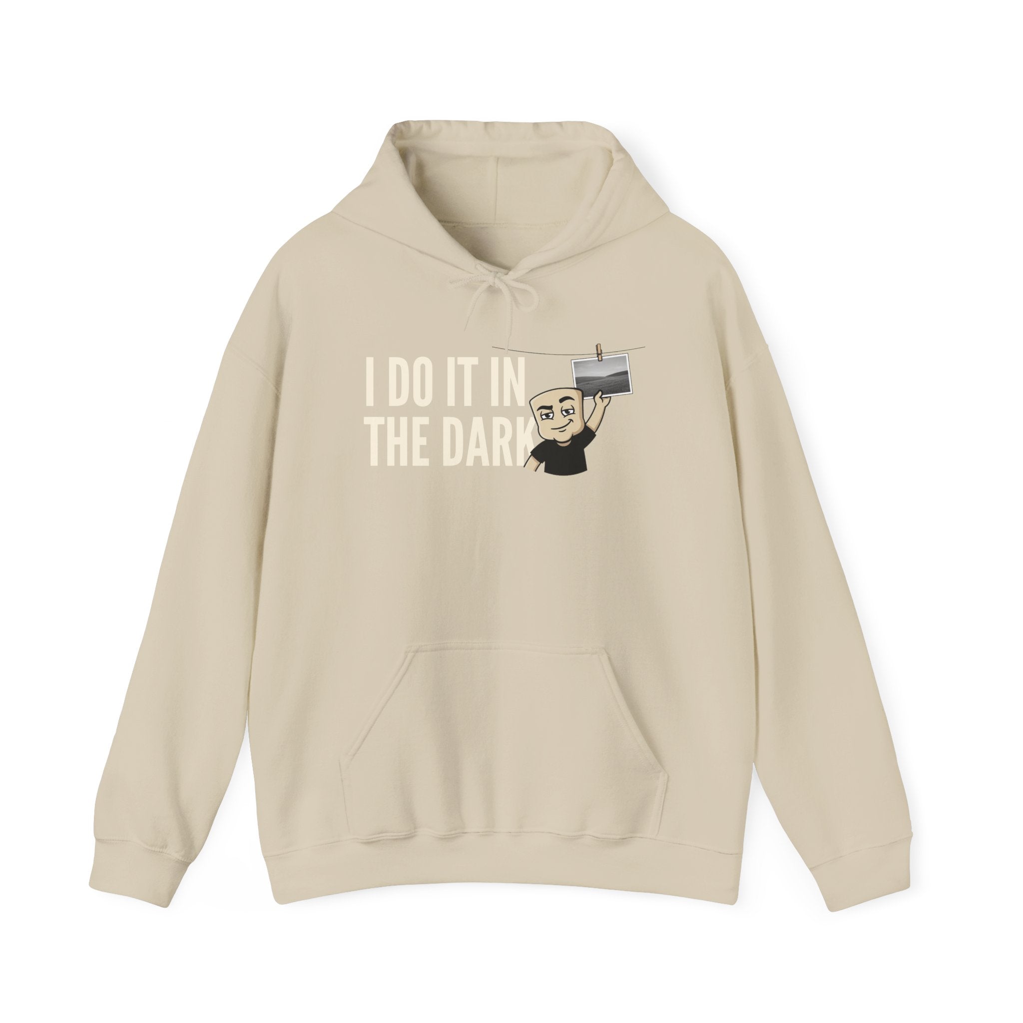 Light beige hoodie with front pocket and drawstring, 'I DO IT IN THE DARK' graphic