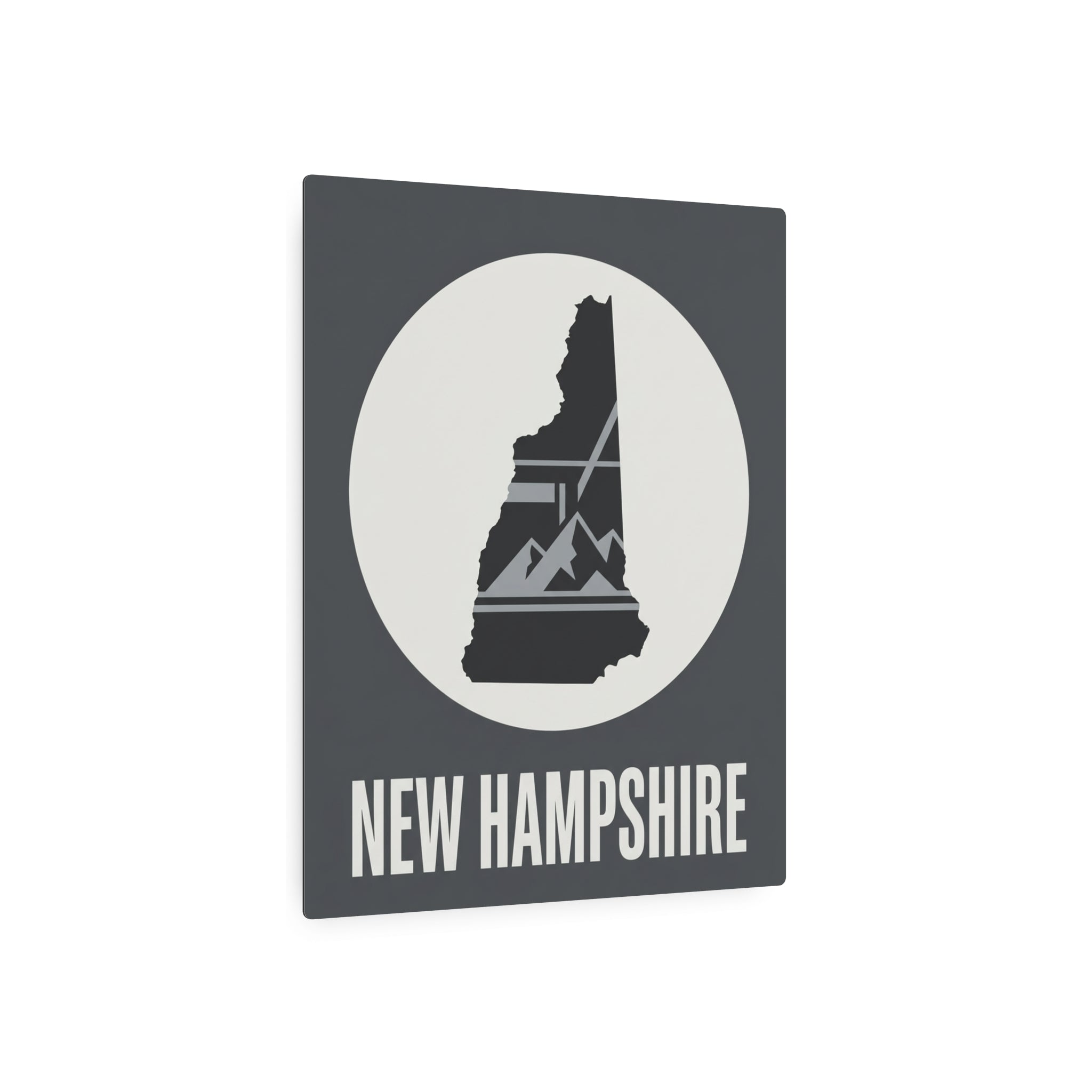 Metal wall art sign close-up with New Hampshire silhouette and "NEW HAMPSHIRE" text