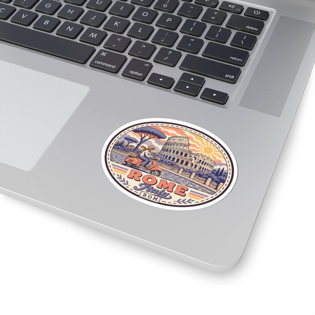 Small circular Rome Italy sticker with scooter rider and Colosseum graphic, white outline
