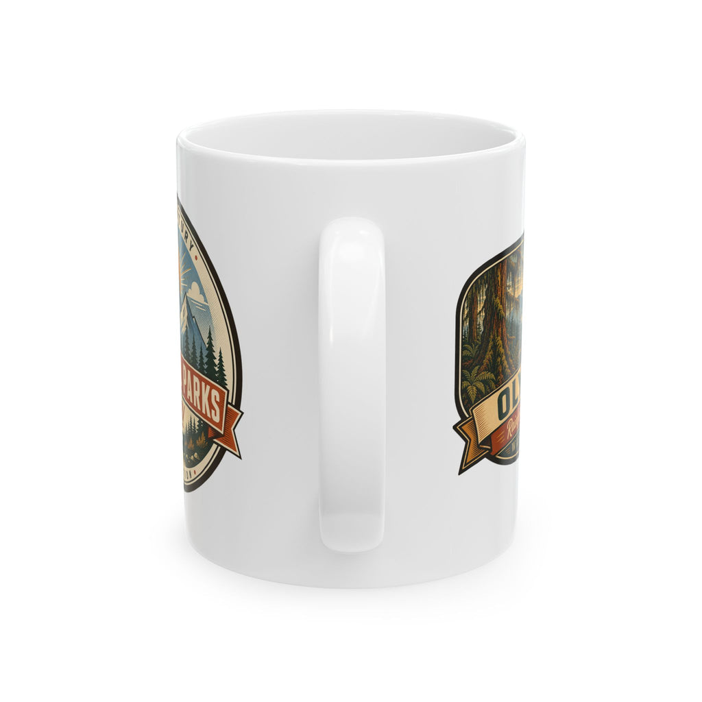 White ceramic coffee mug with side park badges and C-shaped handle detail