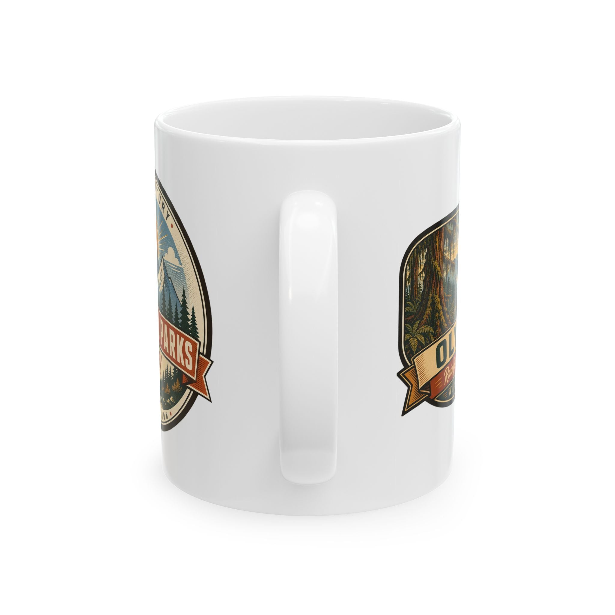 White ceramic coffee mug with side park badges and C-shaped handle detail