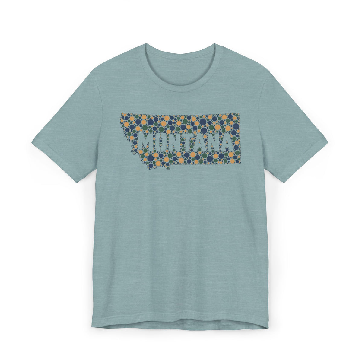 Light blue crewneck t-shirt with “MONTANA” mosaic floral outline graphic on front.