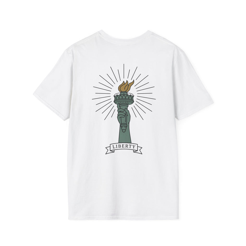 White T-shirt with minimalist torch flame graphic and “LIBERTY” banner at center
