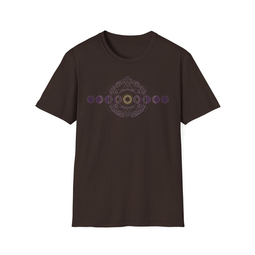 Moon phases graphic T-shirt, dark brown with purple circle-and-arc design on front