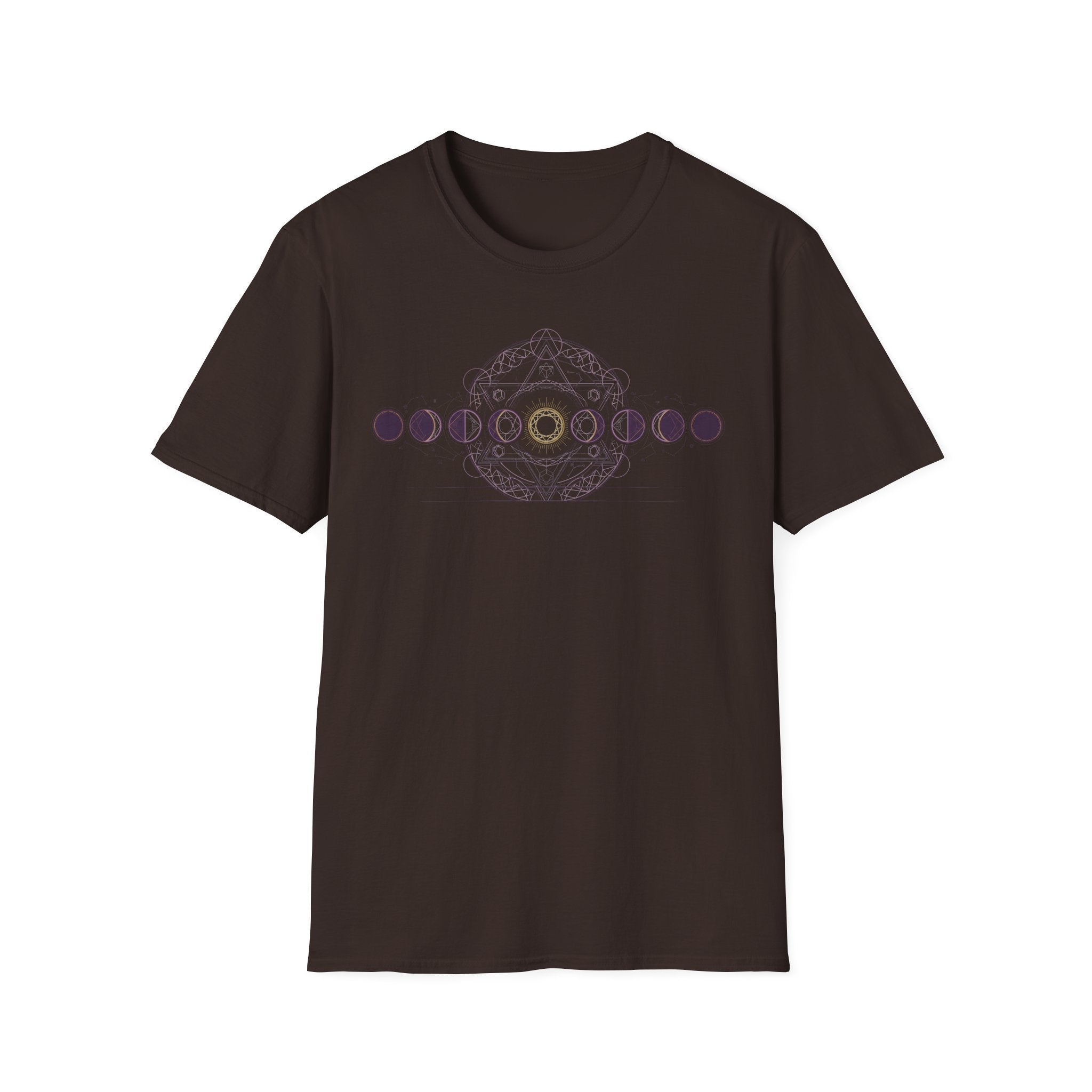 Moon phases graphic T-shirt, dark brown with purple circle-and-arc design on front