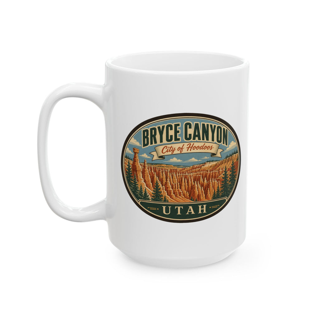 White ceramic mug with Bryce Canyon City of Hoodoos and Utah emblem, side handle