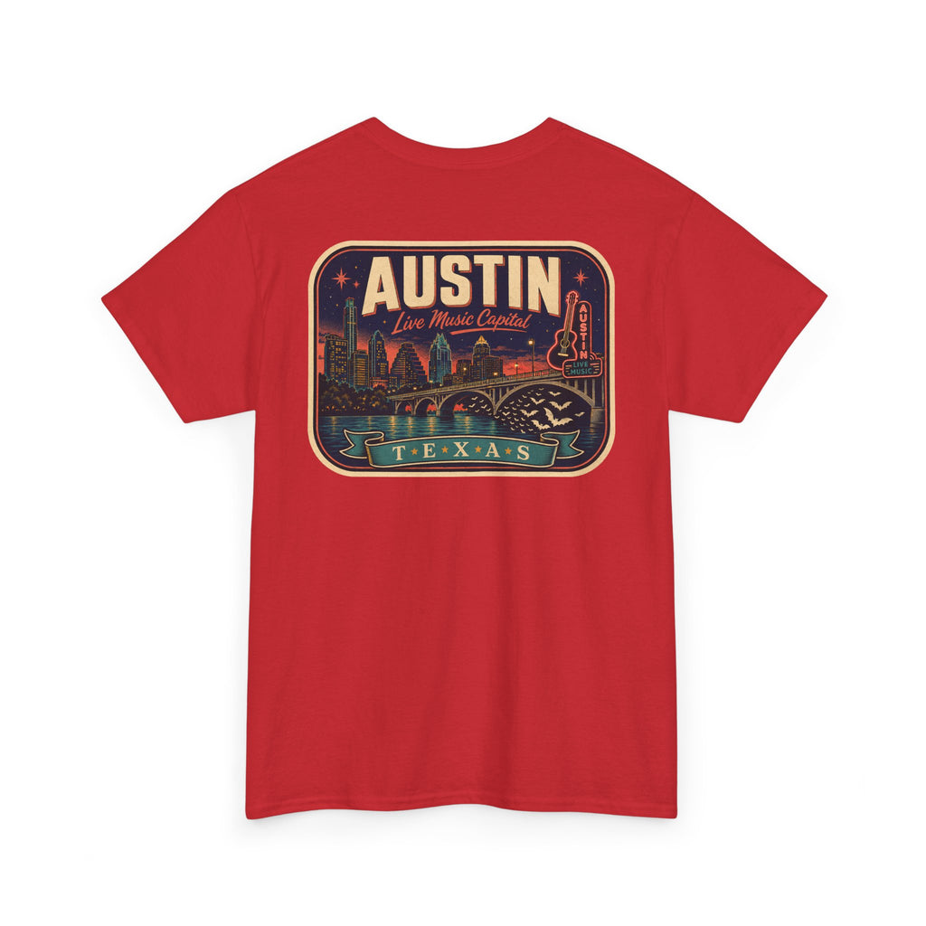 Red T-shirt with retro Austin Texas skyline badge graphic on front