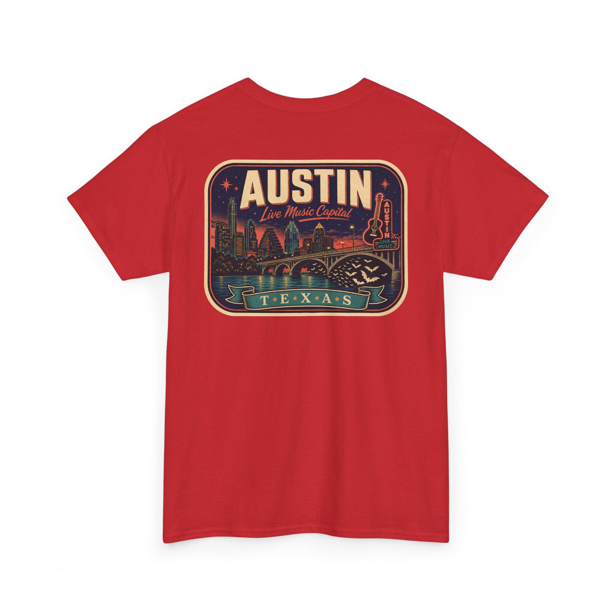 Red T-shirt with retro Austin Texas skyline badge graphic on front