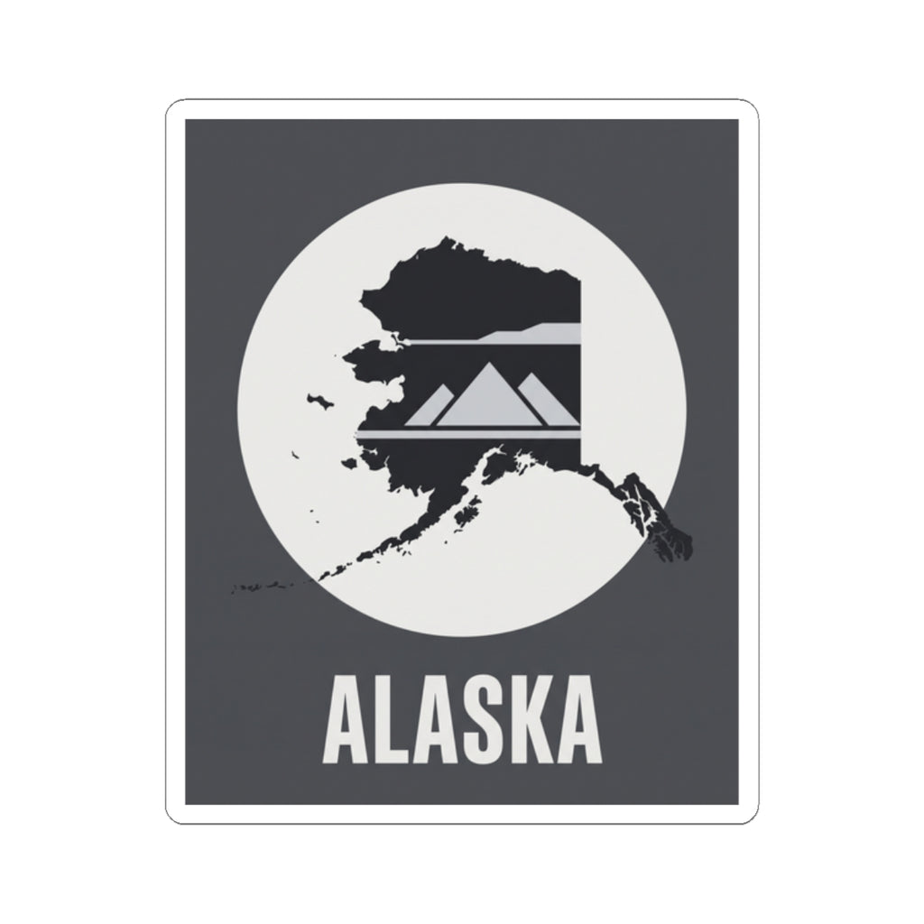 Square Alaska map mountain silhouette vinyl sticker with “ALASKA” text, dark gray and white.