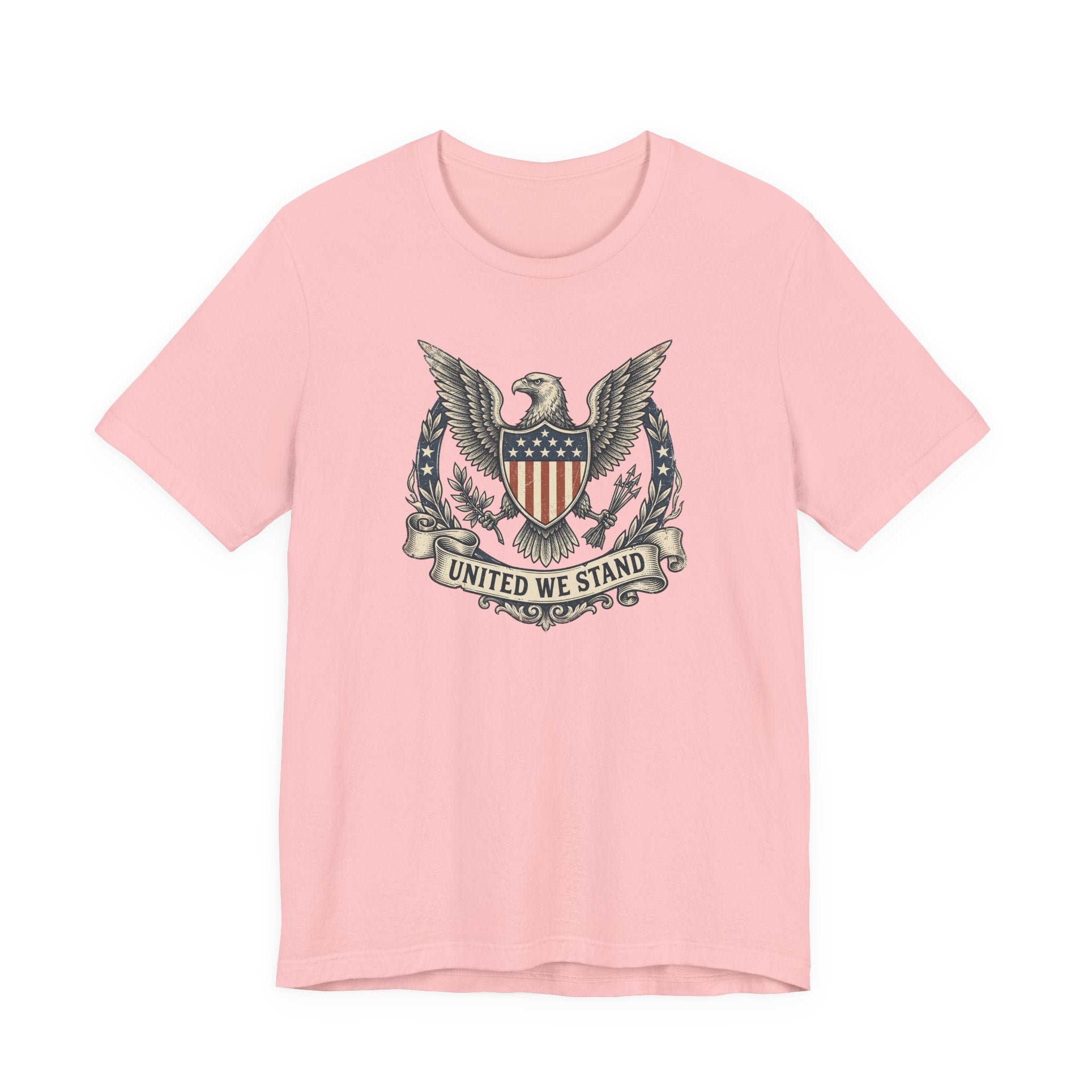 Pink T-shirt with eagle shield crest and laurel graphic on the chest