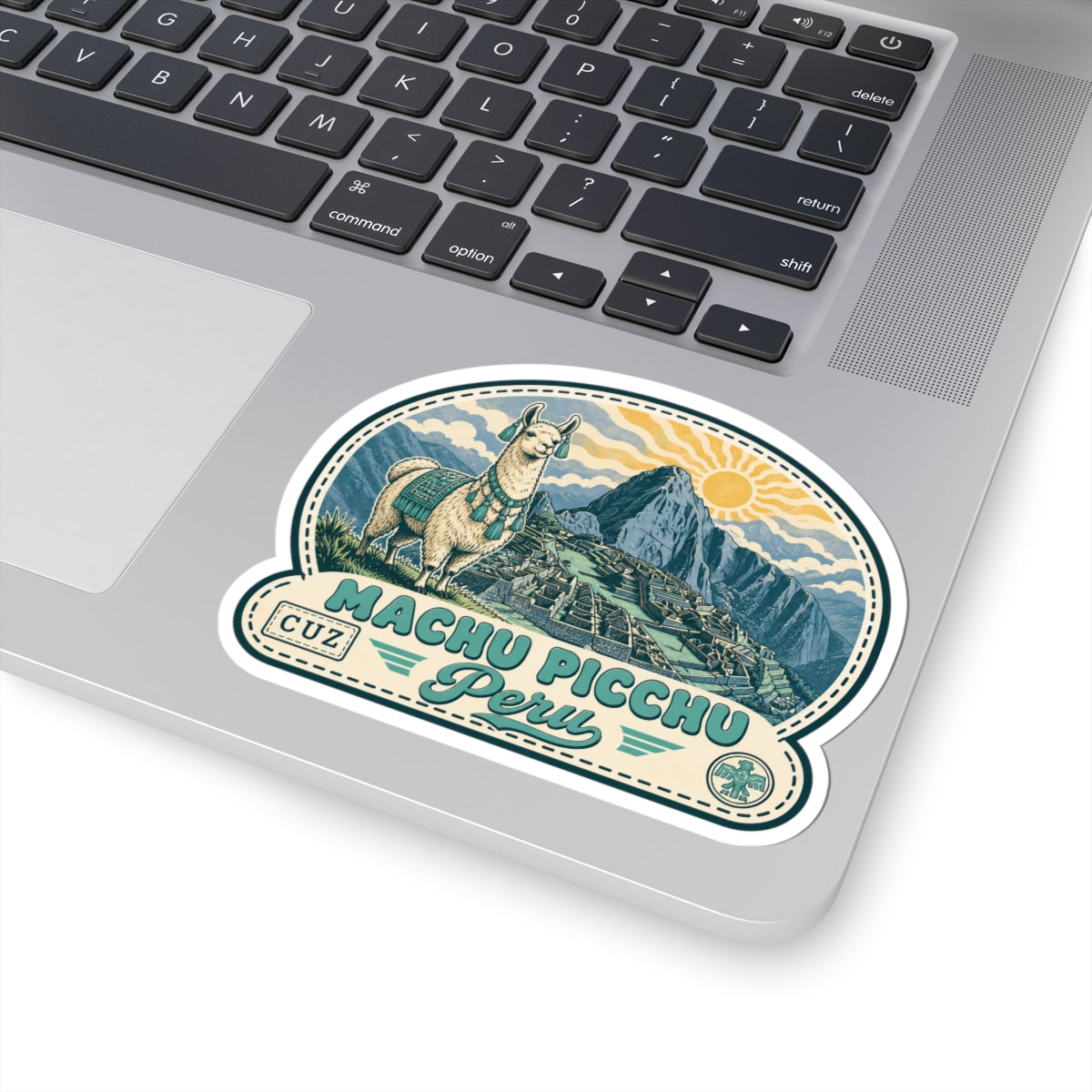 Laptop sticker decal with vintage Machu Picchu Peru design, llama over mountain ruins