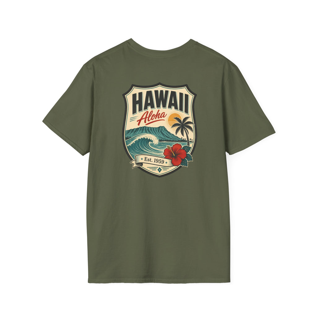 Hawaii badge graphic T-shirt, military green, short-sleeve crew neck