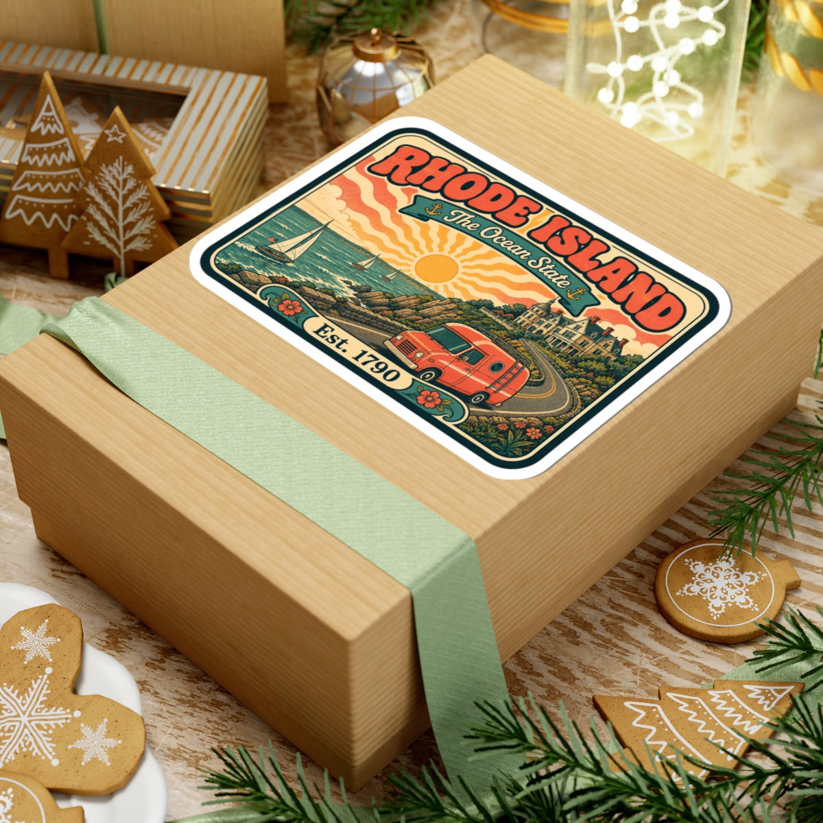 Rhode Island travel sticker on a gift box; shoreline scene with boats and red van, Est. 1790