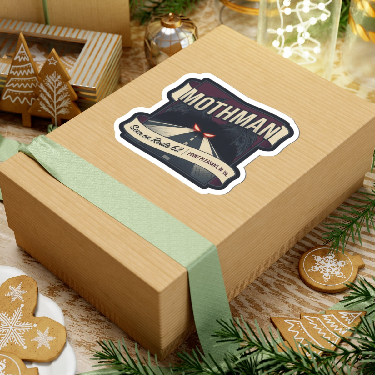 Mothman sticker on gift box: night road art, red glowing eyes, “Seen on Route 62,” Point Pleasant W.Va.
