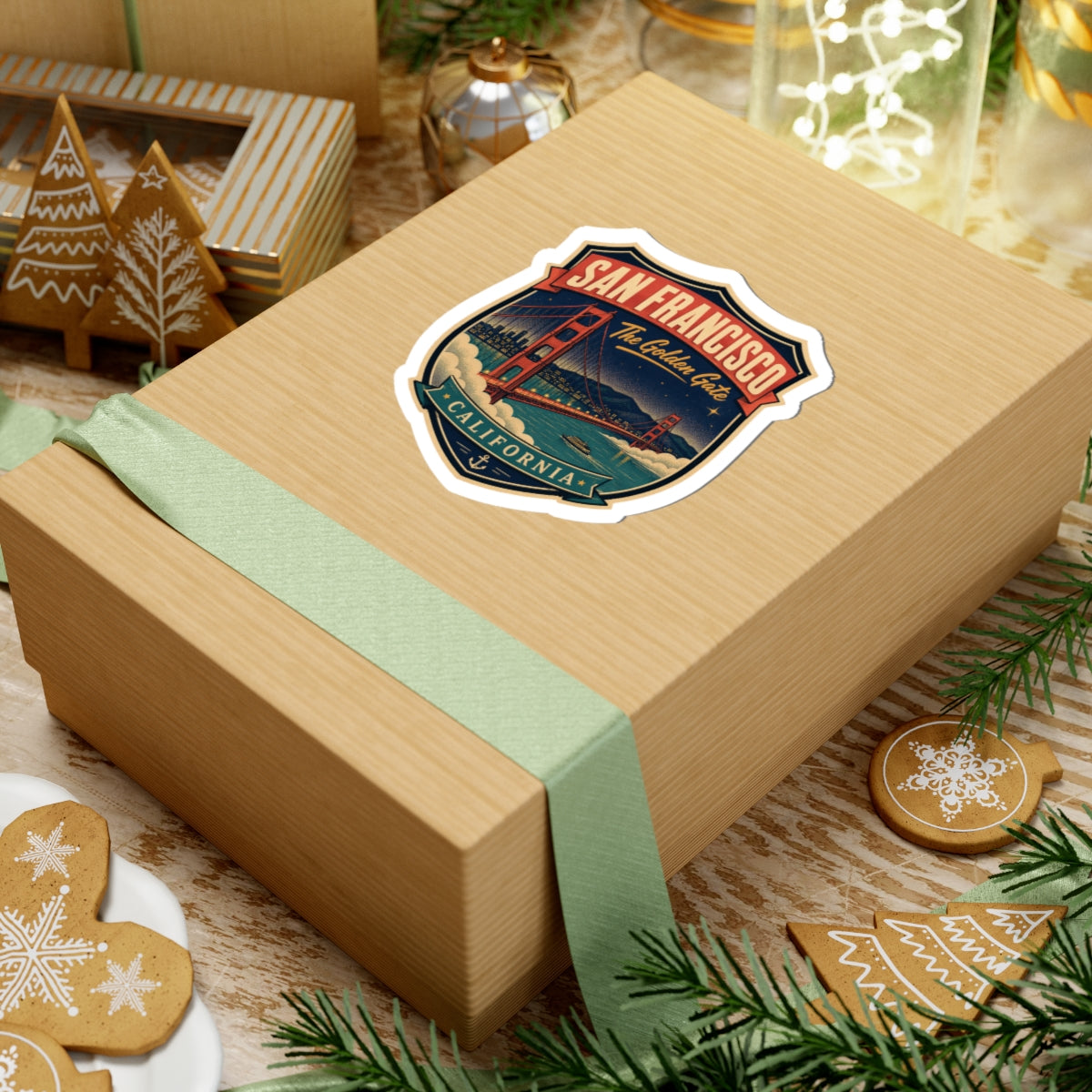 Luggage tag sticker on gift box lid: San Francisco shield with Golden Gate Bridge, California