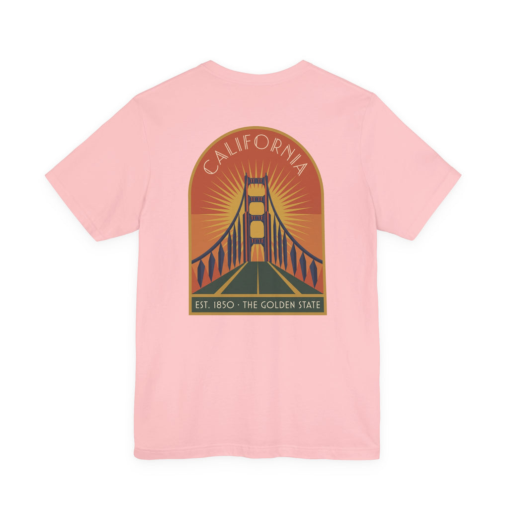 Pink T-shirt with Golden Gate Bridge graphic and circular California logo on chest