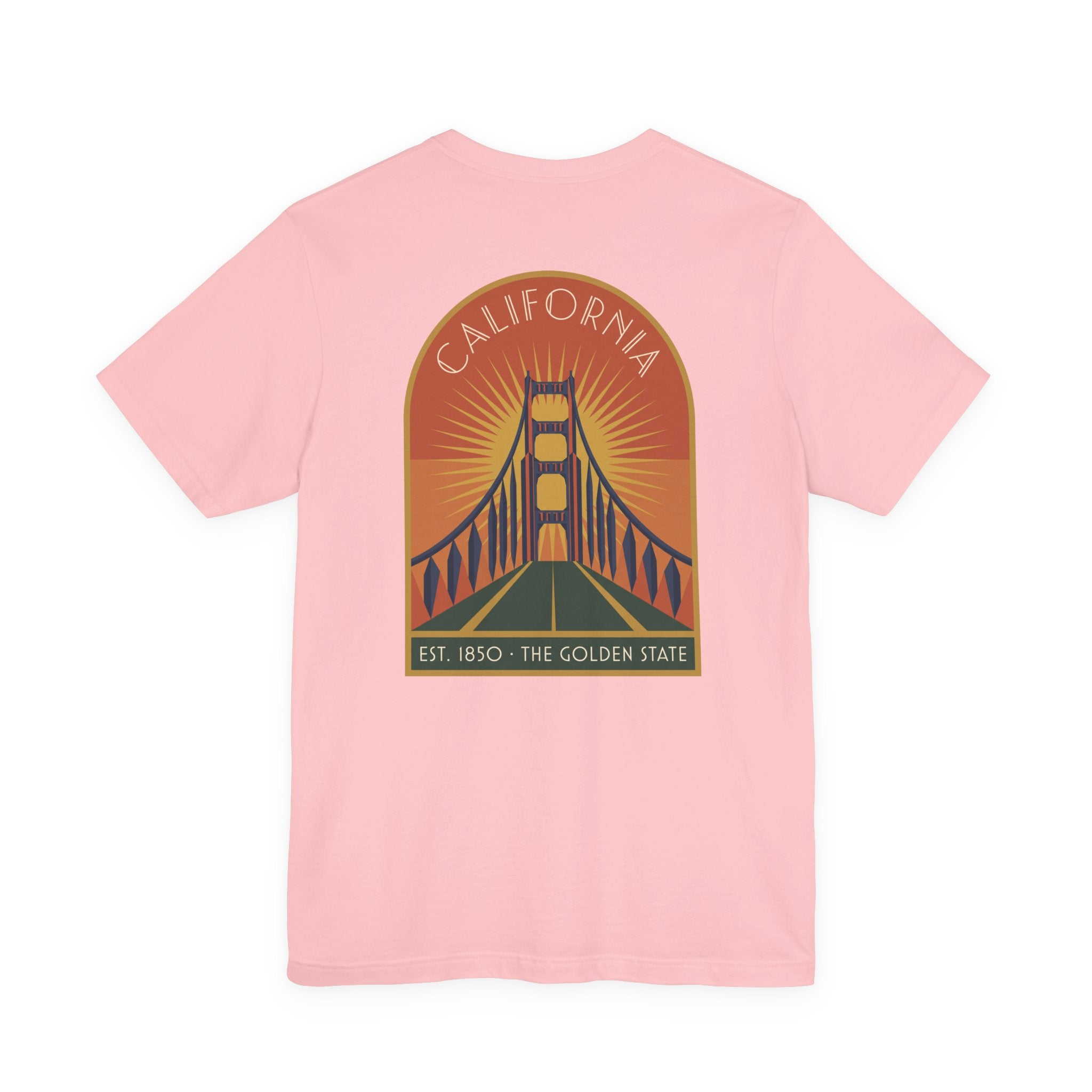 Pink T-shirt with Golden Gate Bridge graphic and circular California logo on chest