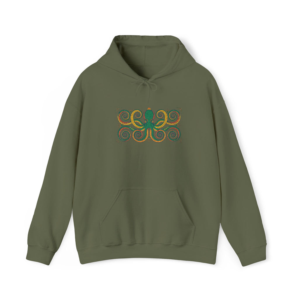 Green pullover hoodie with hood, drawstrings, kangaroo pocket, octopus swirl graphic